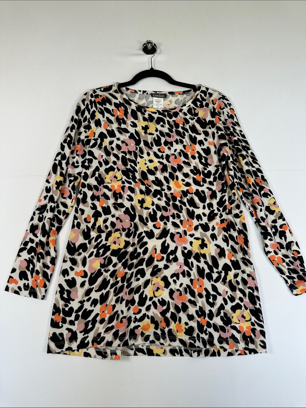 Kim & Co Animal Floral Print Tunic Top Orange Pink Yellow Size S